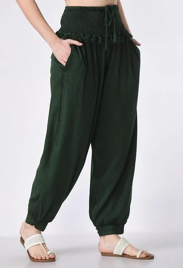 Women's Harem Pants, Smocked Waist, Loose Fit Joggers with Drawstring Free Size