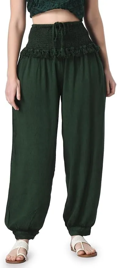 Women's Harem Pants, Smocked Waist, Loose Fit Joggers with Drawstring Free Size