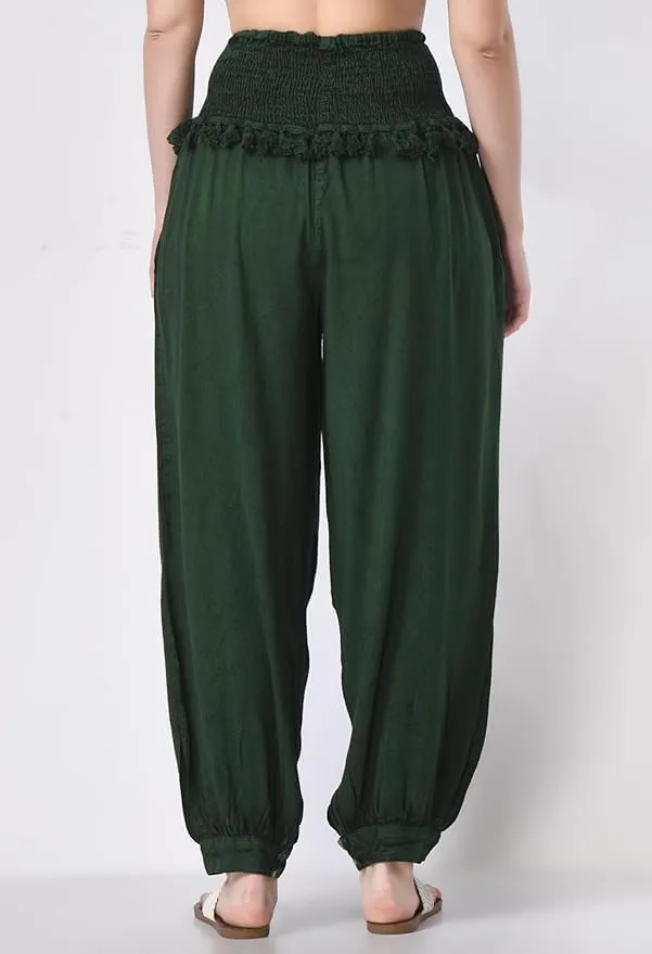 Women's Harem Pants, Smocked Waist, Loose Fit Joggers with Drawstring Free Size