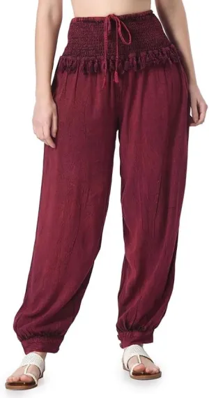 Women's Harem Pants, Smocked Waist, Loose Fit Joggers with Drawstring Free Size