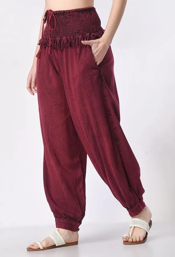 Women's Harem Pants, Smocked Waist, Loose Fit Joggers with Drawstring Free Size