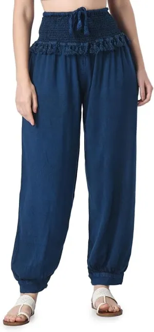 Women's Harem Pants, Smocked Waist, Loose Fit Joggers with Drawstring Free Size