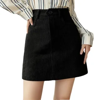 Women's High Waist Corduroy Pencil Skirt Autumn Winter A-Line Vintage Slim Fit Casual Short Length Skirt