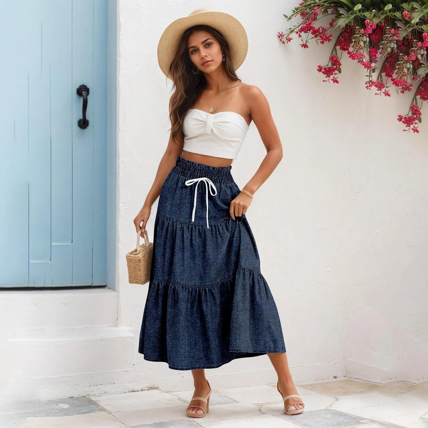 Women's High Waist Long Maxi Skirt Denim Print Flowy Boho A Line Summer Casual Beach Long Skirts