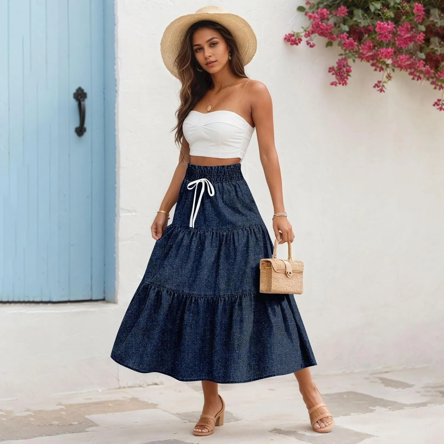 Women's High Waist Long Maxi Skirt Denim Print Flowy Boho A Line Summer Casual Beach Long Skirts