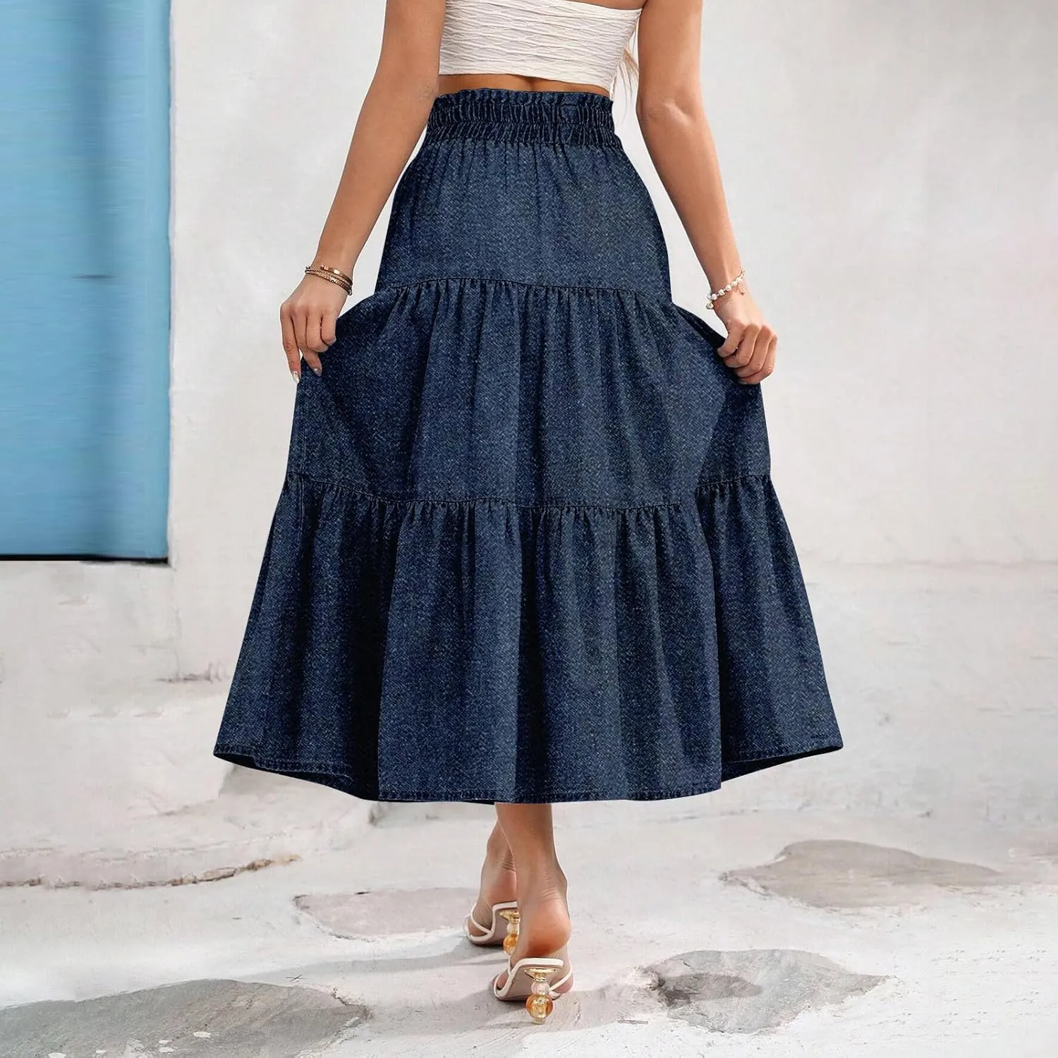 Women's High Waist Long Maxi Skirt Denim Print Flowy Boho A Line Summer Casual Beach Long Skirts