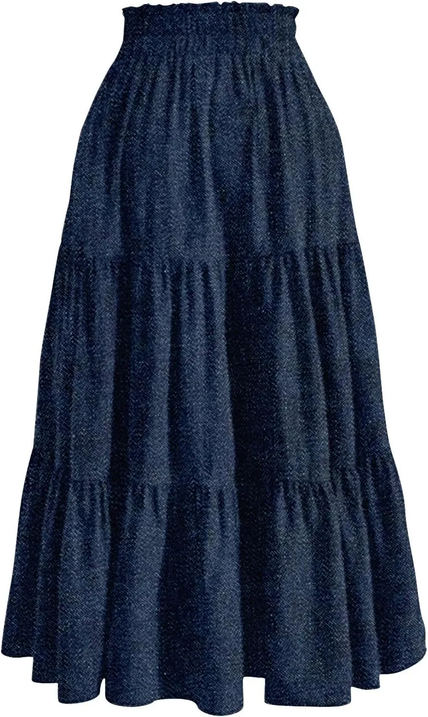 Women's High Waist Long Maxi Skirt Denim Print Flowy Boho A Line Summer Casual Beach Long Skirts