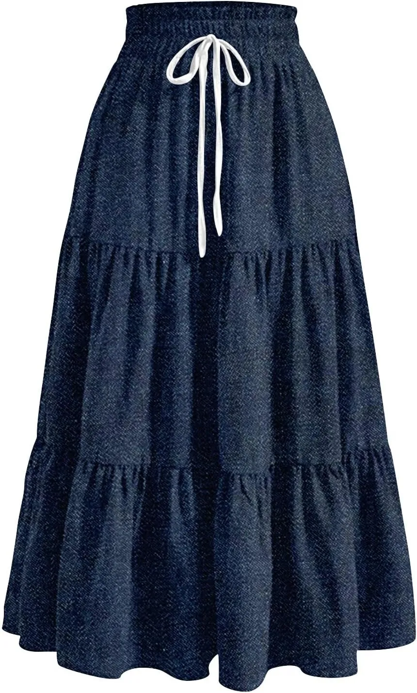 Women's High Waist Long Maxi Skirt Denim Print Flowy Boho A Line Summer Casual Beach Long Skirts