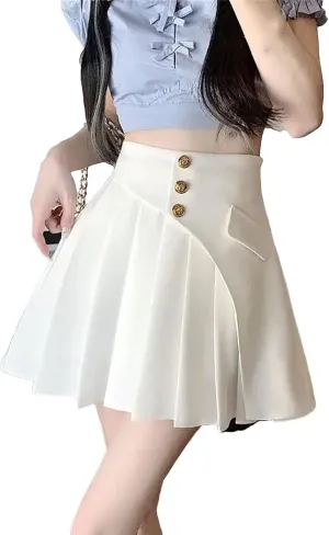 Women's High Waist Spliced Button Casual Loose Skirts Summer Fashion A-Line Pleated Skirt