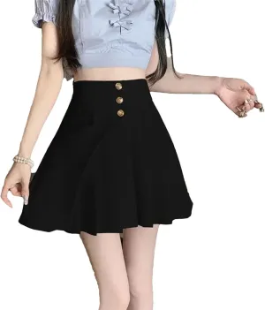 Women's High Waist Spliced Button Casual Loose Skirts Summer Fashion A-Line Pleated Skirt