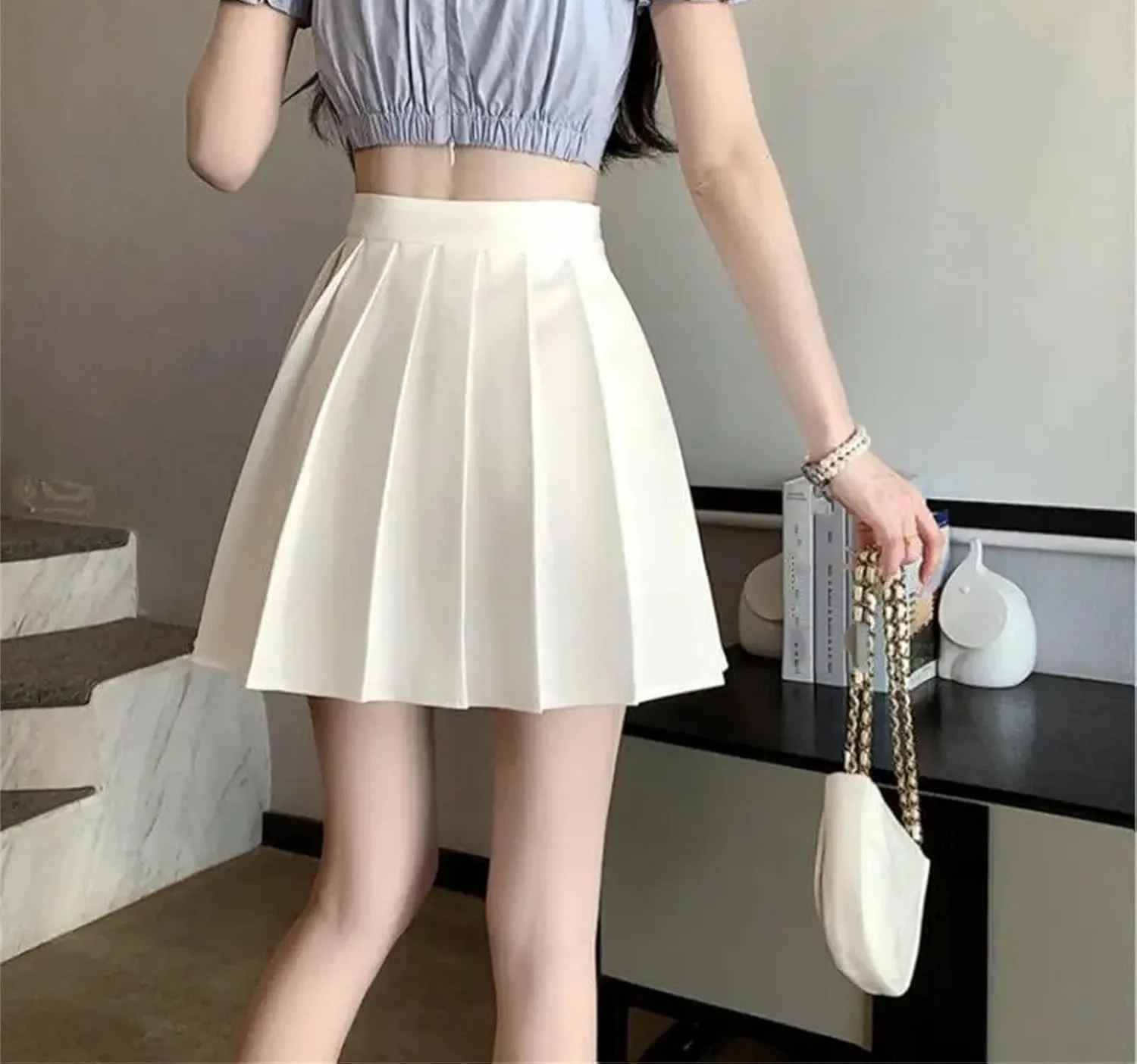 Women's High Waist Spliced Button Casual Loose Skirts Summer Fashion A-Line Pleated Skirt