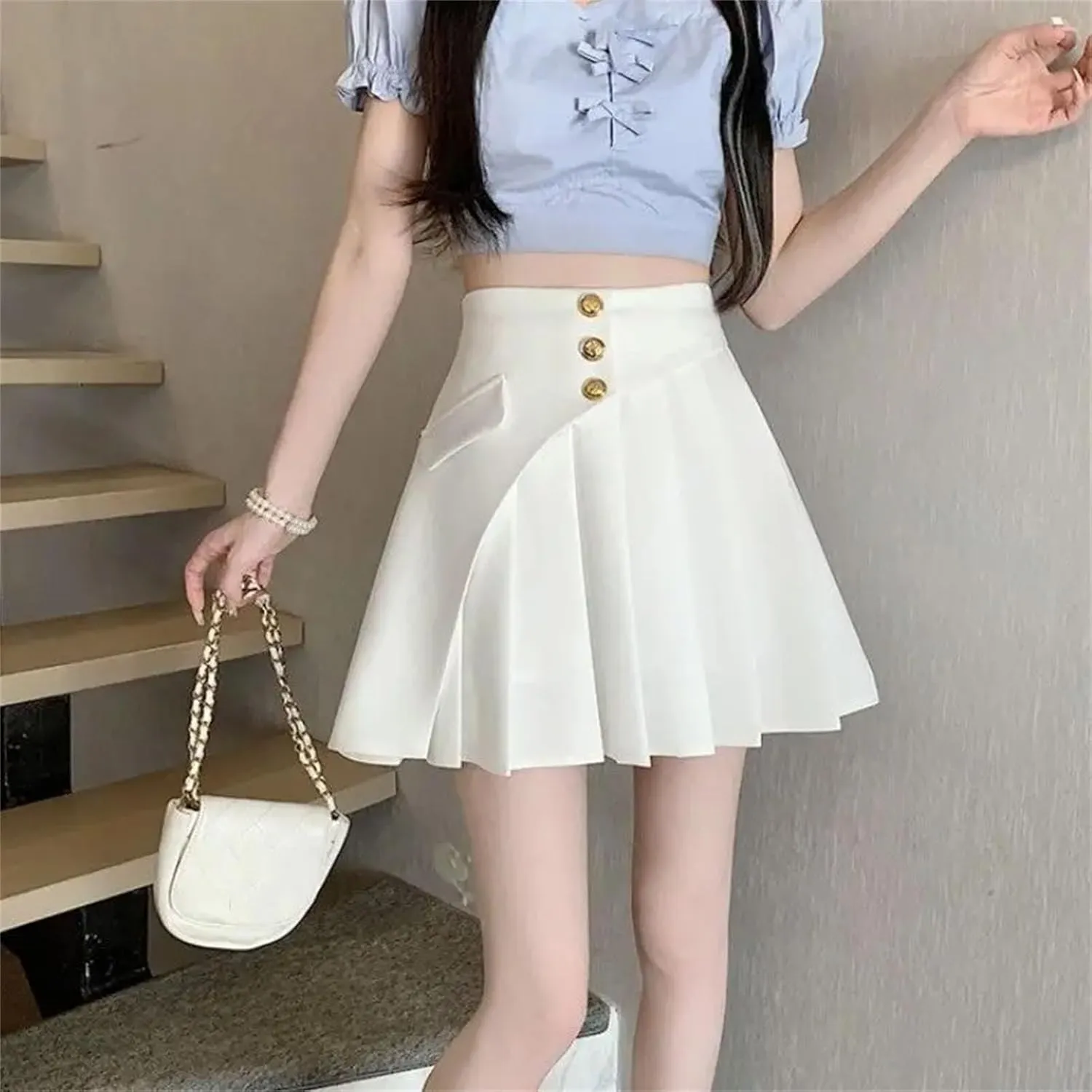 Women's High Waist Spliced Button Casual Loose Skirts Summer Fashion A-Line Pleated Skirt