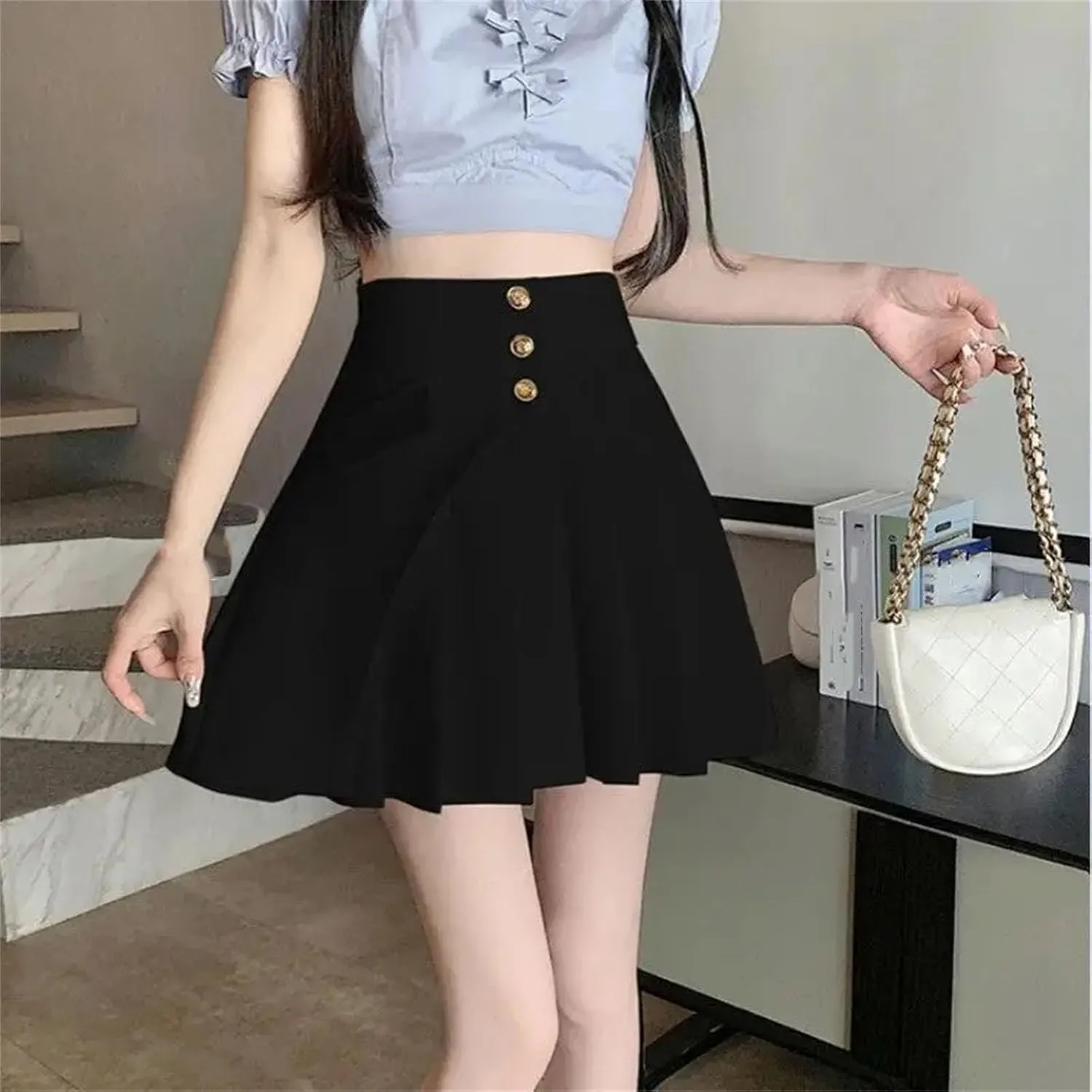Women's High Waist Spliced Button Casual Loose Skirts Summer Fashion A-Line Pleated Skirt