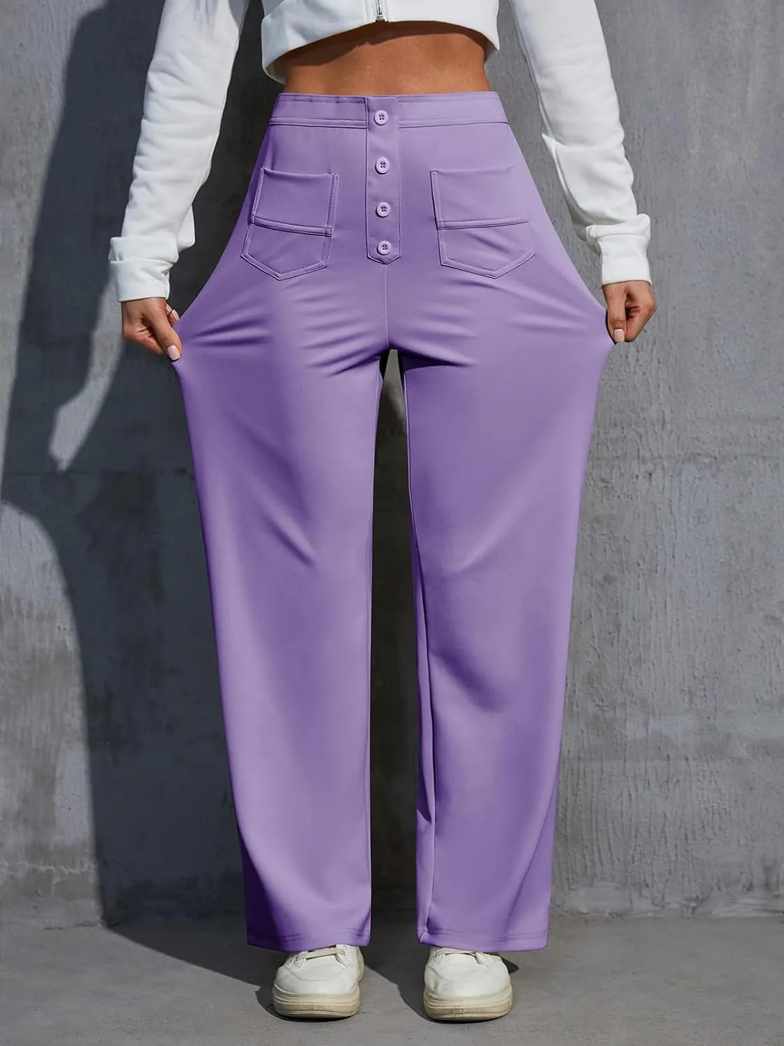 Womens High Waist Wide Leg Pants Casual Pants for Women Stretchy Business Dress Work Pocket Trousers Pant