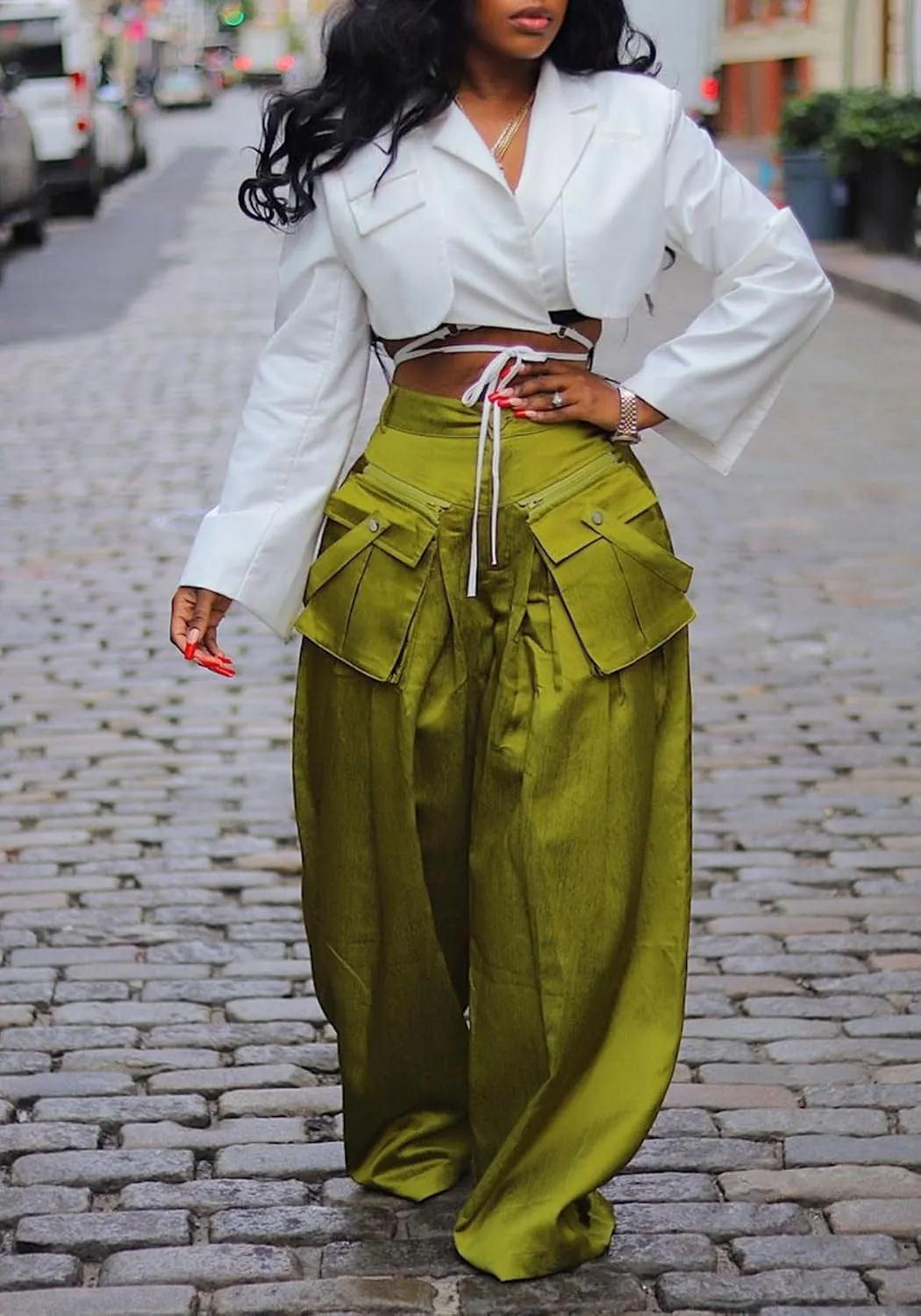 Women's High Waisted Satin Cargo Pants Baggy Pants Wide Leg Casual Pants with Pocket Streetwear