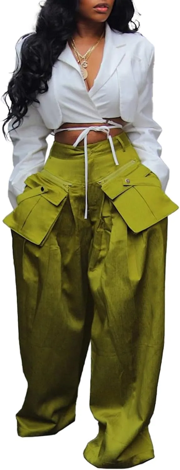 Women's High Waisted Satin Cargo Pants Baggy Pants Wide Leg Casual Pants with Pocket Streetwear