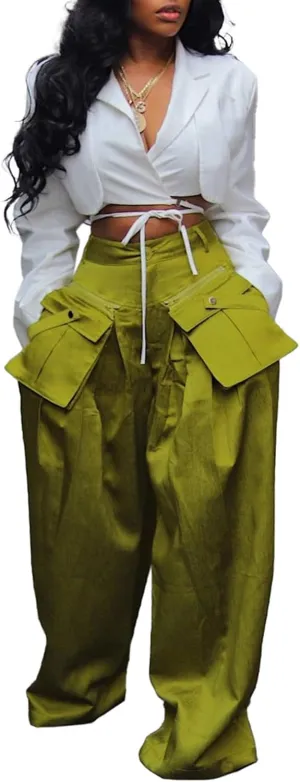 Women's High Waisted Satin Cargo Pants Baggy Pants Wide Leg Casual Pants with Pocket Streetwear