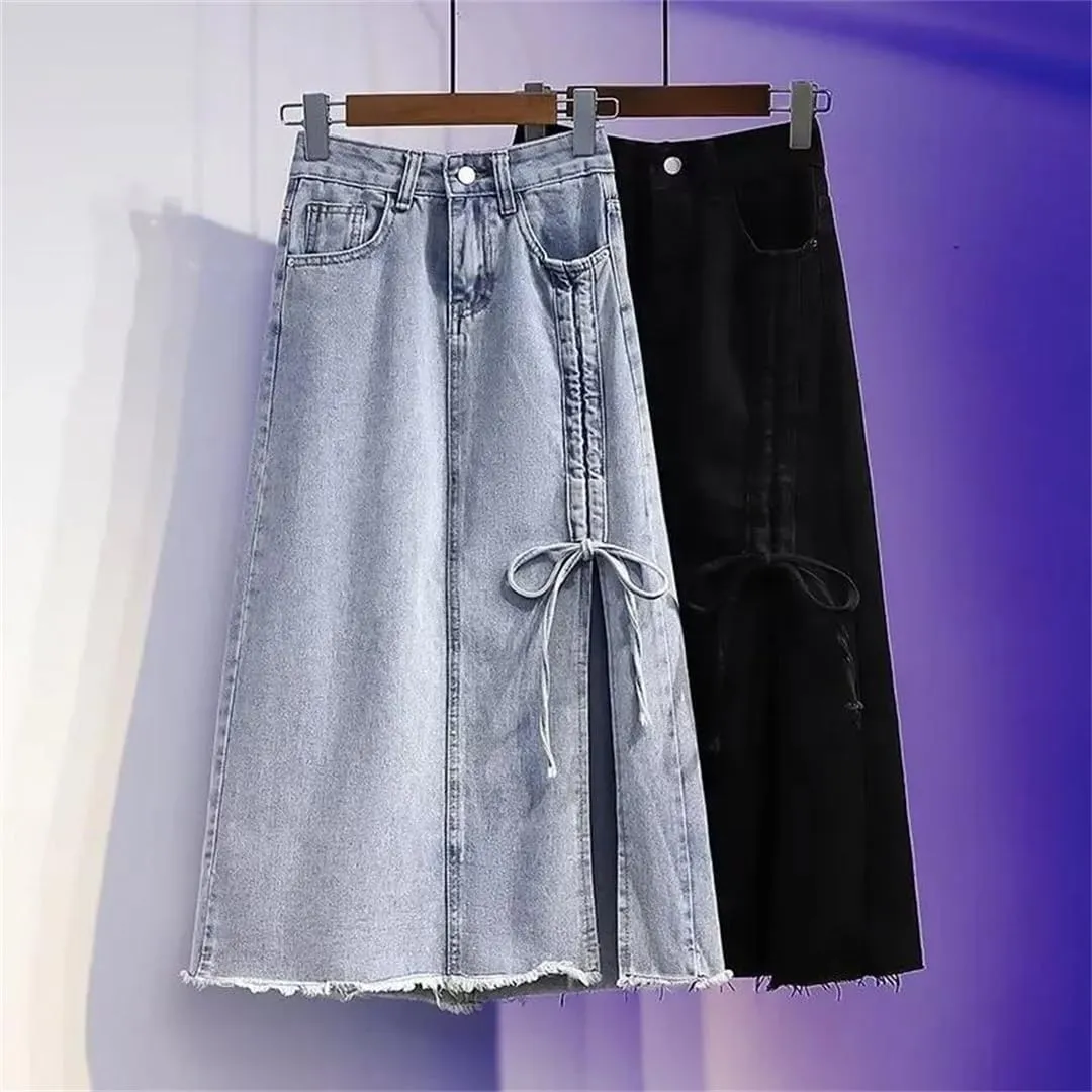 Women's High-Waisted Slimming Denim Skirt Medium-Length A- Line Skirt