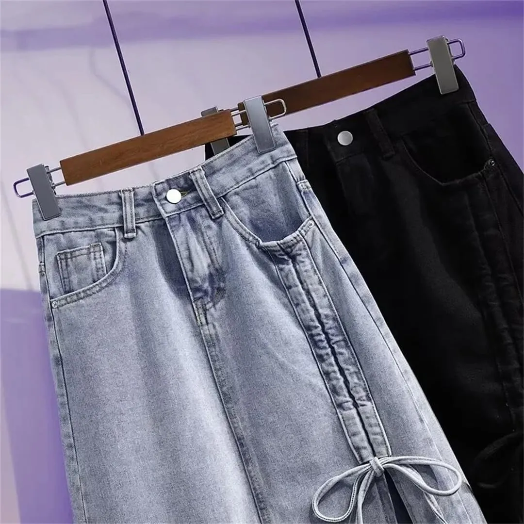 Women's High-Waisted Slimming Denim Skirt Medium-Length A- Line Skirt