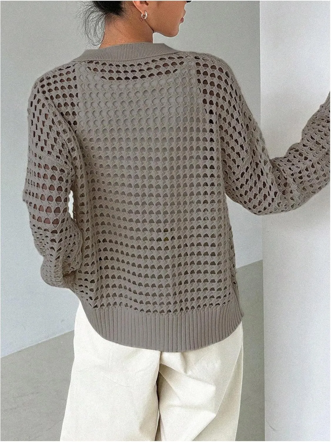 Women's Hollow Out Crochet Cardigan Sweater Collar Neck Button Front Cardigan Boho Loose Fit Casual for Summer Resort