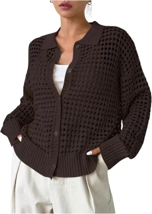 Women's Hollow Out Crochet Cardigan Sweater Collar Neck Button Front Cardigan Boho Loose Fit Casual for Summer Resort