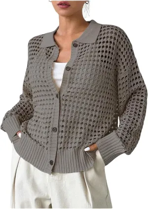Women's Hollow Out Crochet Cardigan Sweater Collar Neck Button Front Cardigan Boho Loose Fit Casual for Summer Resort