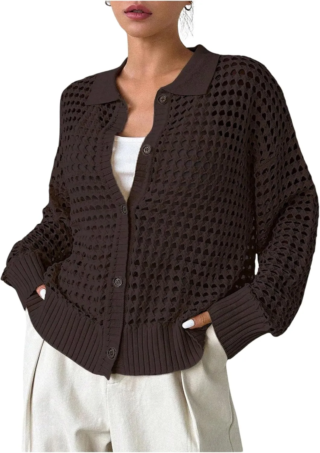 Women's Hollow Out Crochet Cardigan Sweater Collar Neck Button Front Cardigan Boho Loose Fit Casual for Summer Resort
