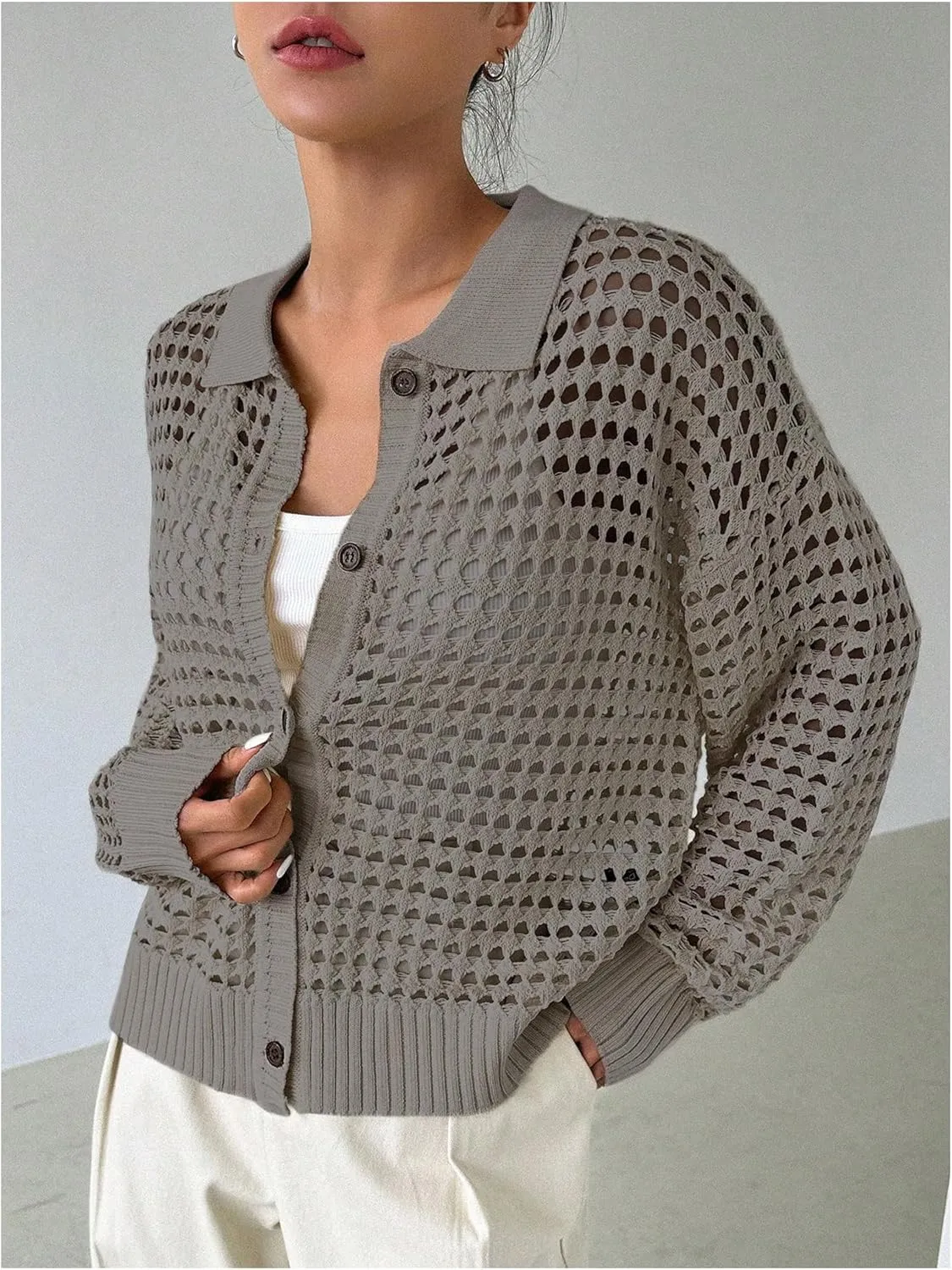 Women's Hollow Out Crochet Cardigan Sweater Collar Neck Button Front Cardigan Boho Loose Fit Casual for Summer Resort