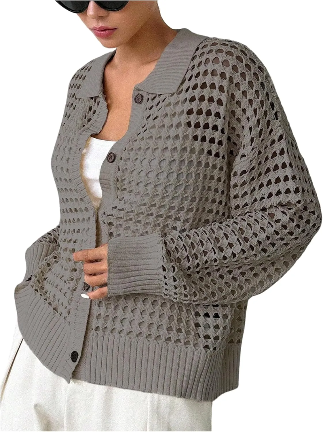Women's Hollow Out Crochet Cardigan Sweater Collar Neck Button Front Cardigan Boho Loose Fit Casual for Summer Resort