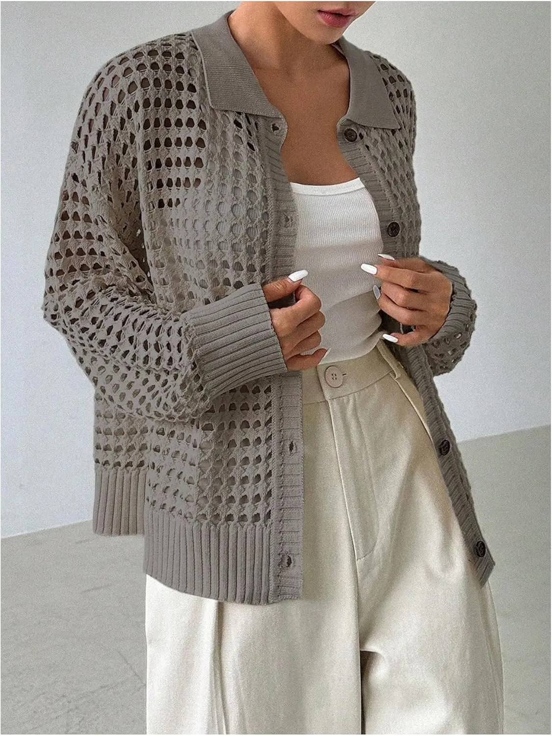 Women's Hollow Out Crochet Cardigan Sweater Collar Neck Button Front Cardigan Boho Loose Fit Casual for Summer Resort