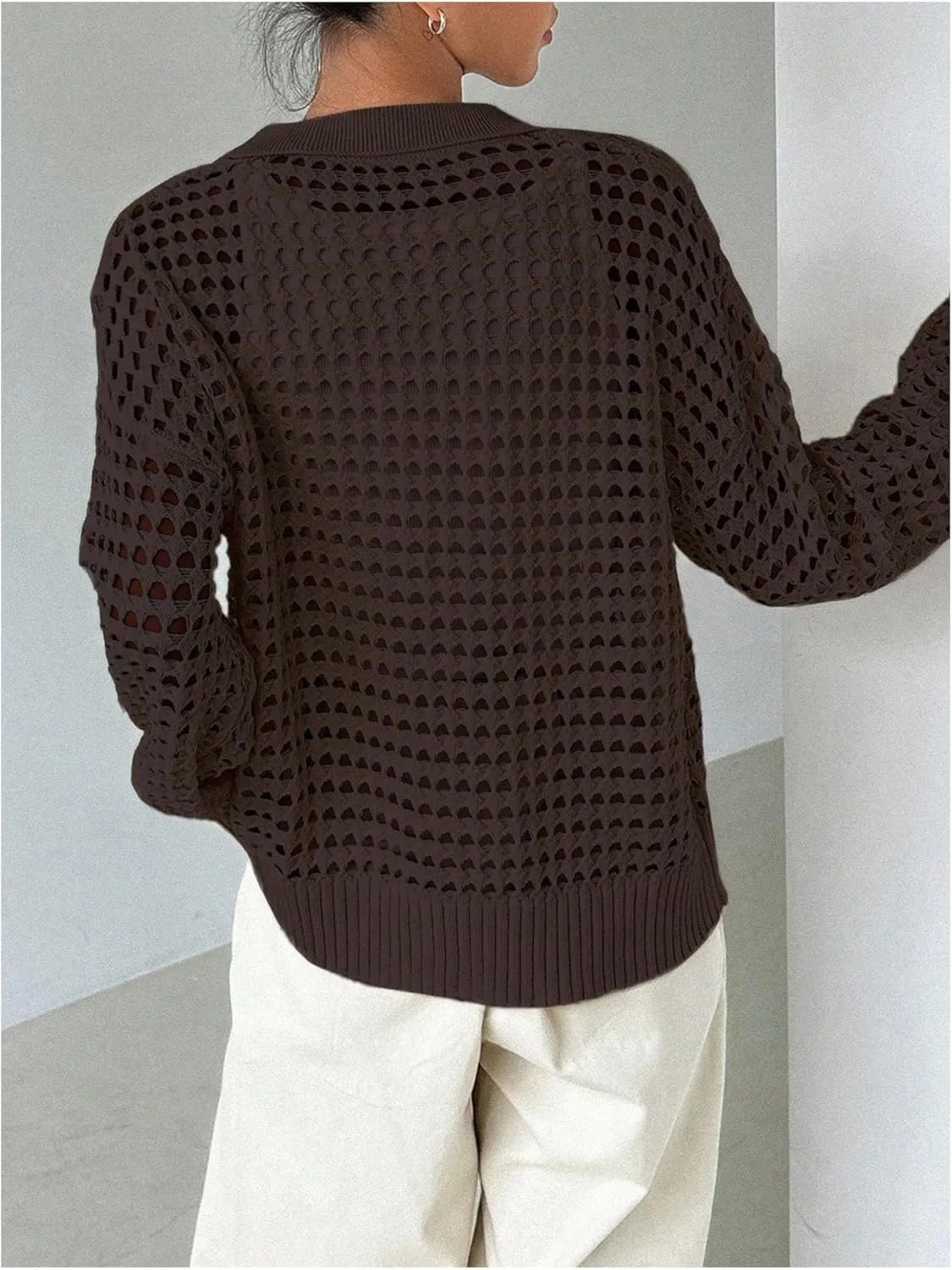 Women's Hollow Out Crochet Cardigan Sweater Collar Neck Button Front Cardigan Boho Loose Fit Casual for Summer Resort