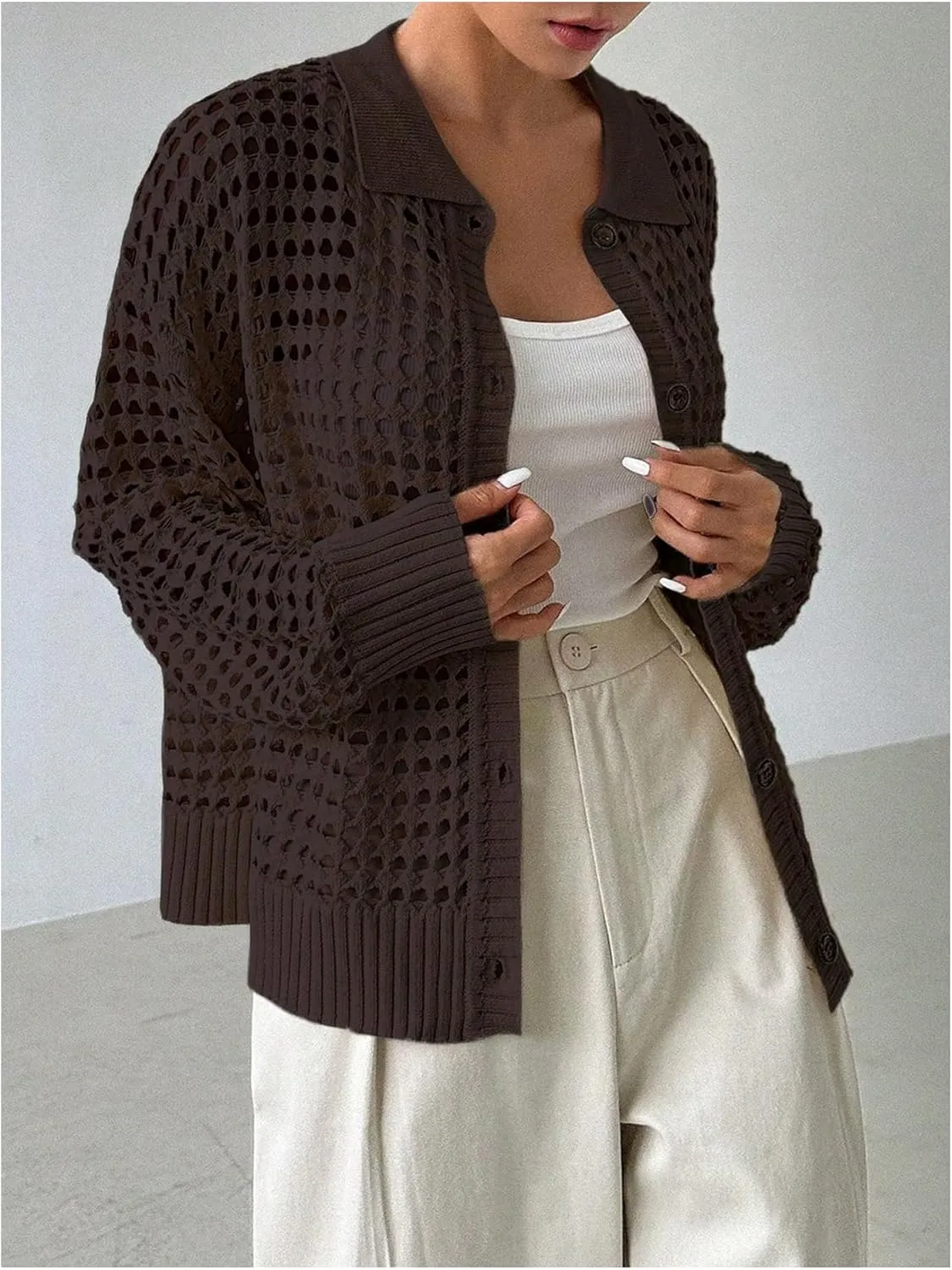 Women's Hollow Out Crochet Cardigan Sweater Collar Neck Button Front Cardigan Boho Loose Fit Casual for Summer Resort