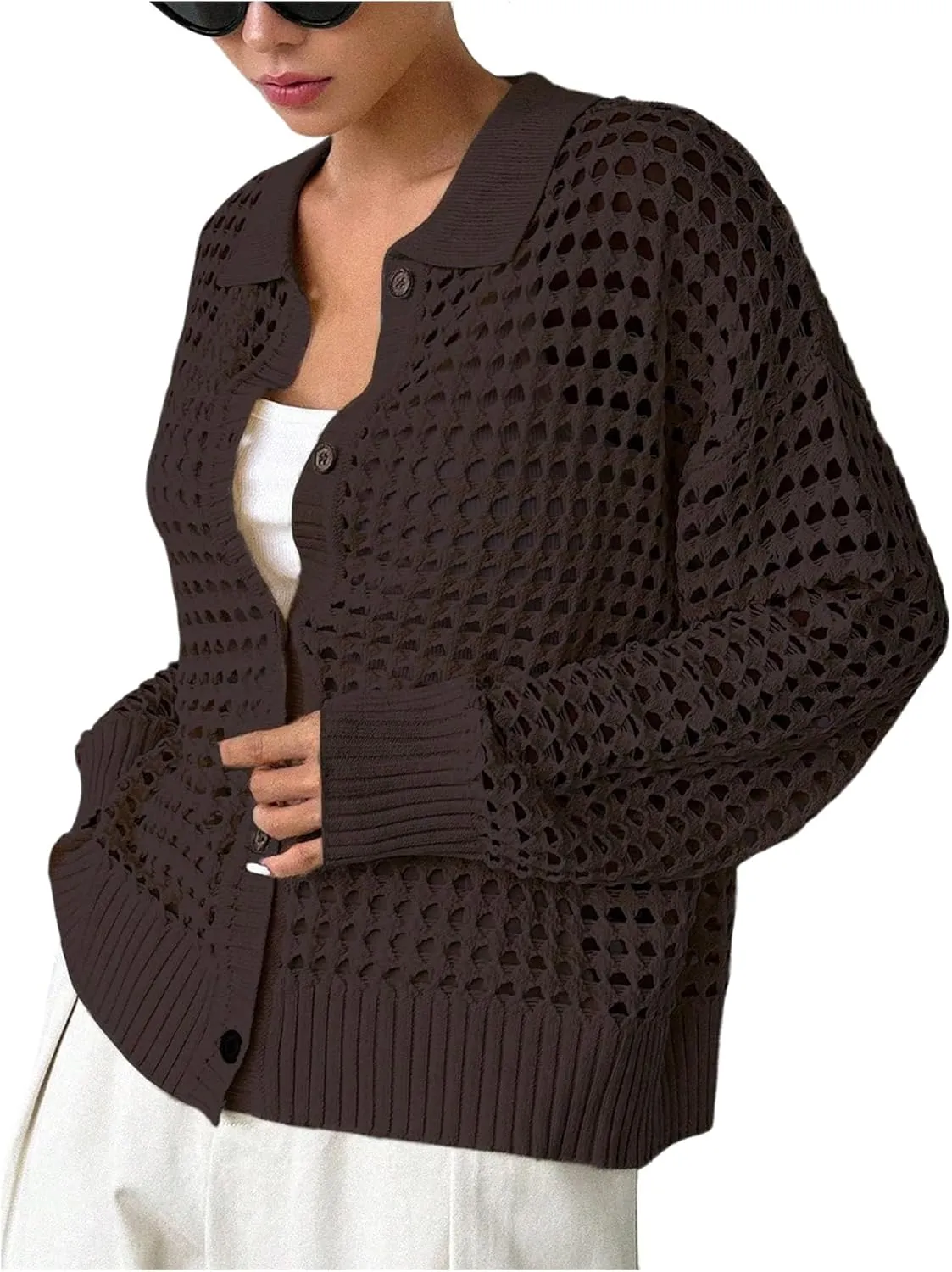 Women's Hollow Out Crochet Cardigan Sweater Collar Neck Button Front Cardigan Boho Loose Fit Casual for Summer Resort