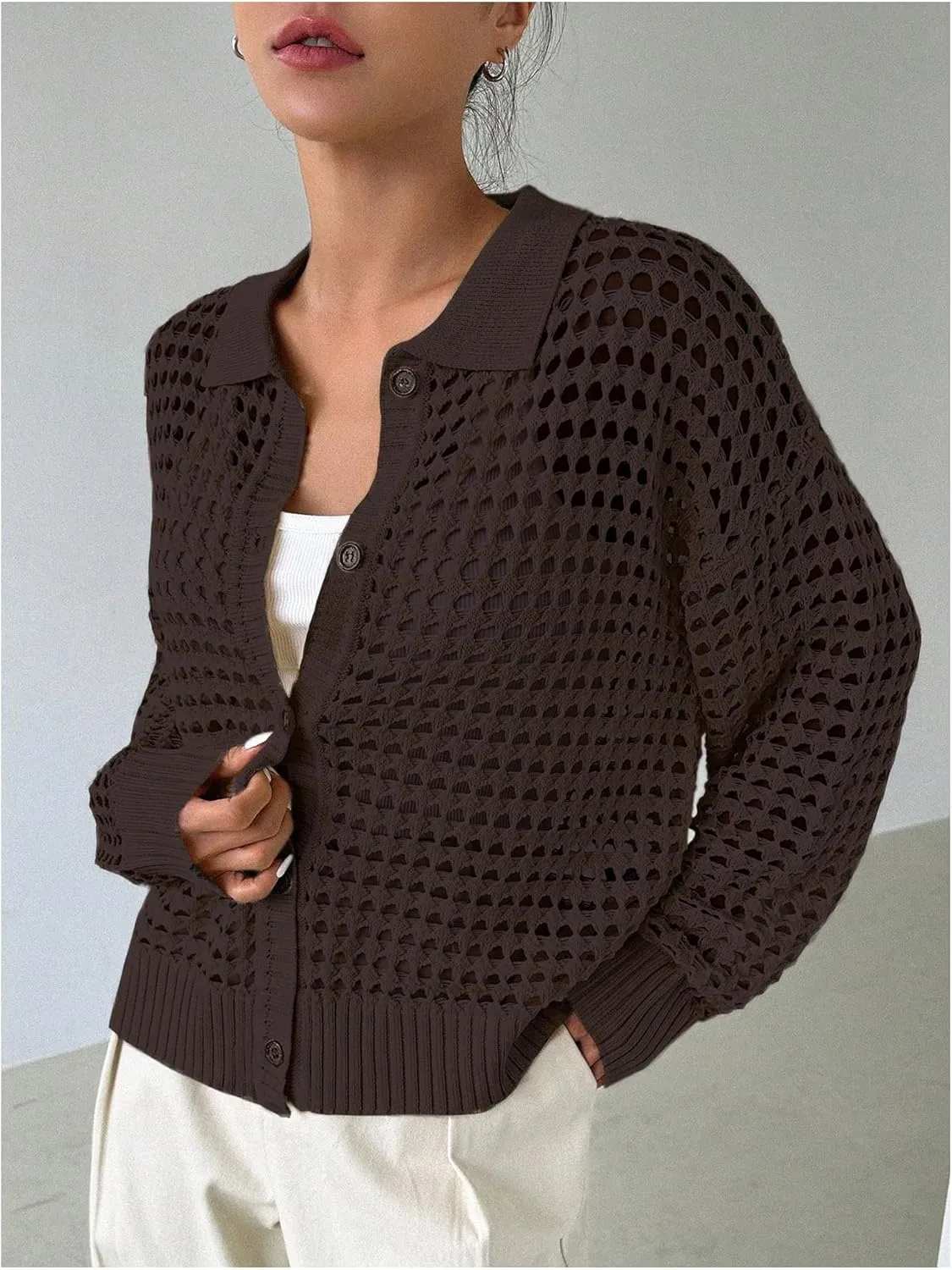 Women's Hollow Out Crochet Cardigan Sweater Collar Neck Button Front Cardigan Boho Loose Fit Casual for Summer Resort