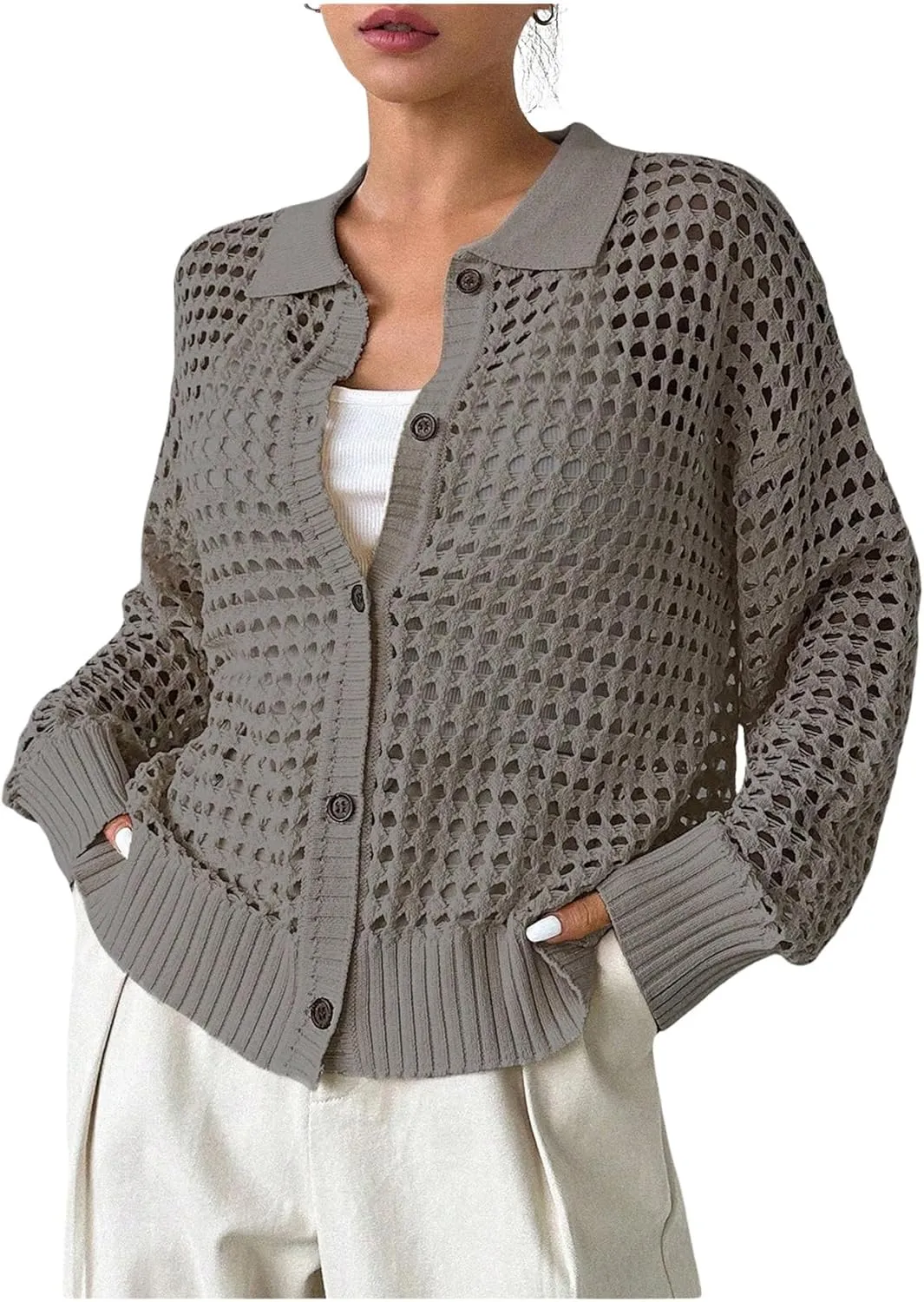 Women's Hollow Out Crochet Cardigan Sweater Collar Neck Button Front Cardigan Boho Loose Fit Casual for Summer Resort