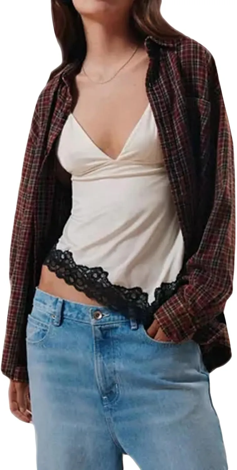 Women's Lace Patchwork Cami Tops Spaghetti Strap V-Neck Camisole Asymmetric Hem Satin Camisole