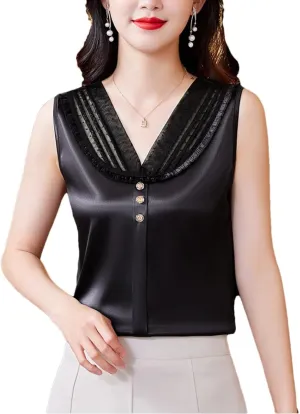 Women's Lace Tank Top Spring Summer Silk Satin Vest Shirt V Neck Casual Sleeveless Camisole