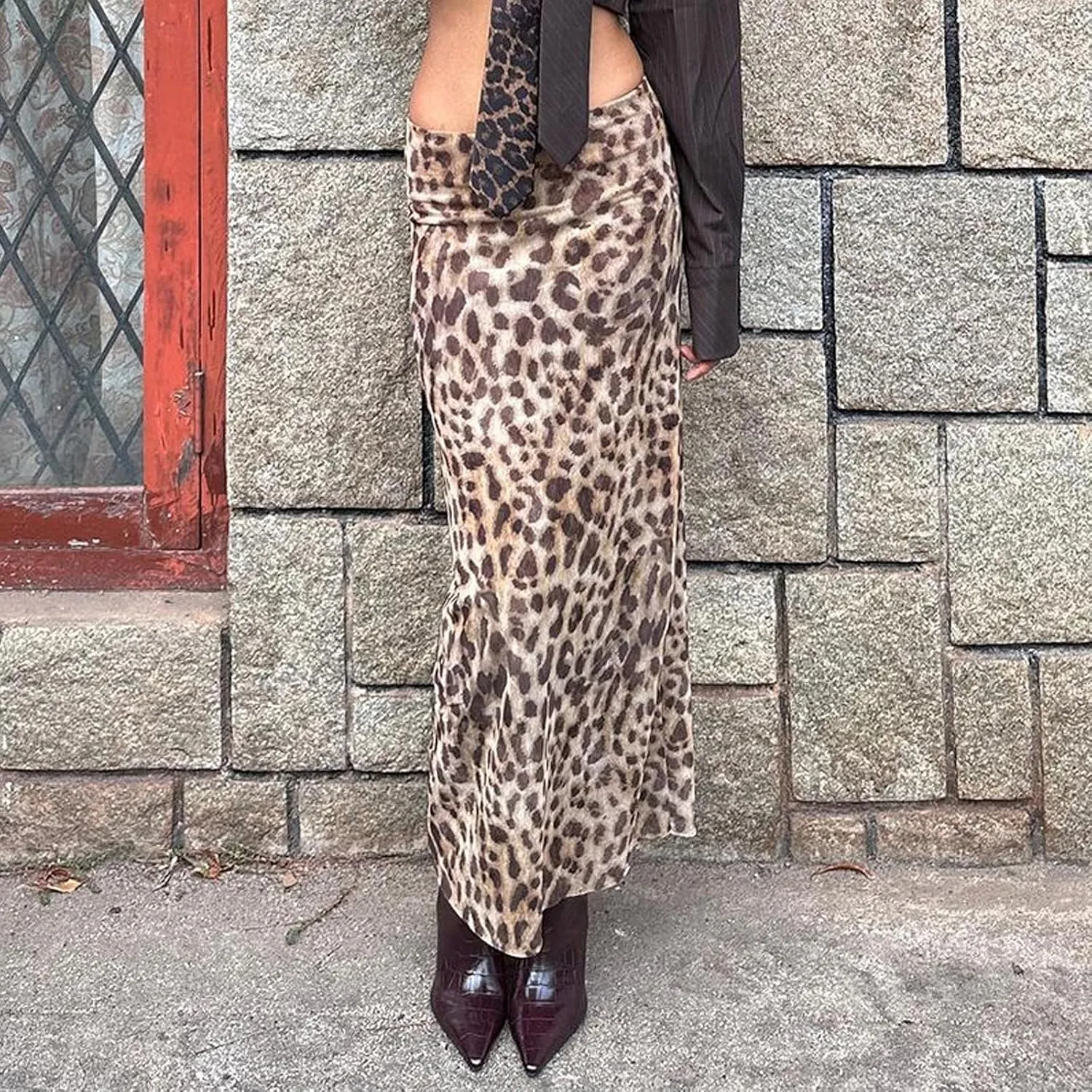 Womens Leopard Print Maxi Skirt Y2K Cheetah Print Low Waist Bodycon Long Pencil Skirt Vintage Skirt