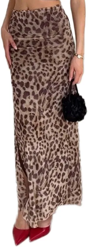 Womens Leopard Print Maxi Skirt Y2K Cheetah Print Low Waist Bodycon Long Pencil Skirt Vintage Skirt