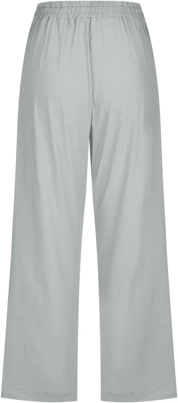 Womens Linen Capris Casual Summer Elastic High Waist Dandelion Print Capri Pants Wide Leg Cropped Lounge Trousers
