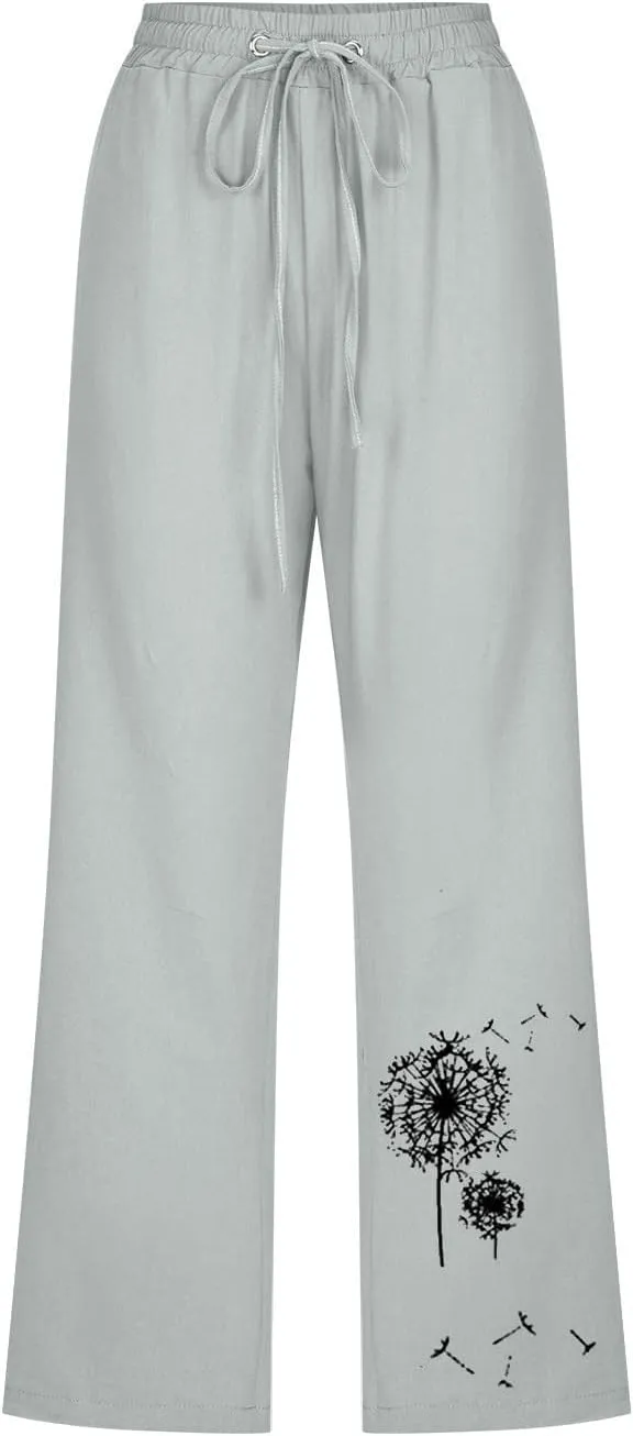 Womens Linen Capris Casual Summer Elastic High Waist Dandelion Print Capri Pants Wide Leg Cropped Lounge Trousers