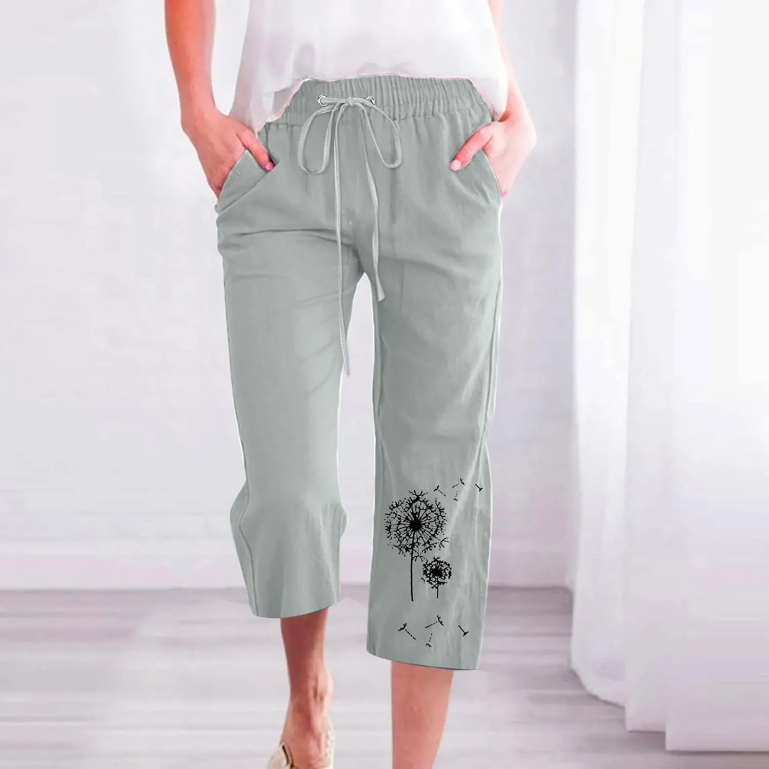 Womens Linen Capris Casual Summer Elastic High Waist Dandelion Print Capri Pants Wide Leg Cropped Lounge Trousers