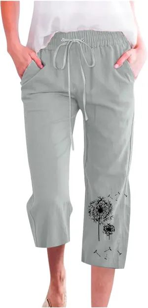 Womens Linen Capris Casual Summer Elastic High Waist Dandelion Print Capri Pants Wide Leg Cropped Lounge Trousers