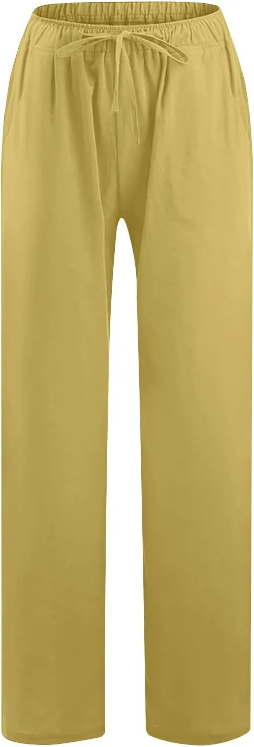 Women's Linen Palazzo Pants 2025 Summer Casual Drawstring High Waist Wide Leg Pants Flowy Beach Trousers Outfits