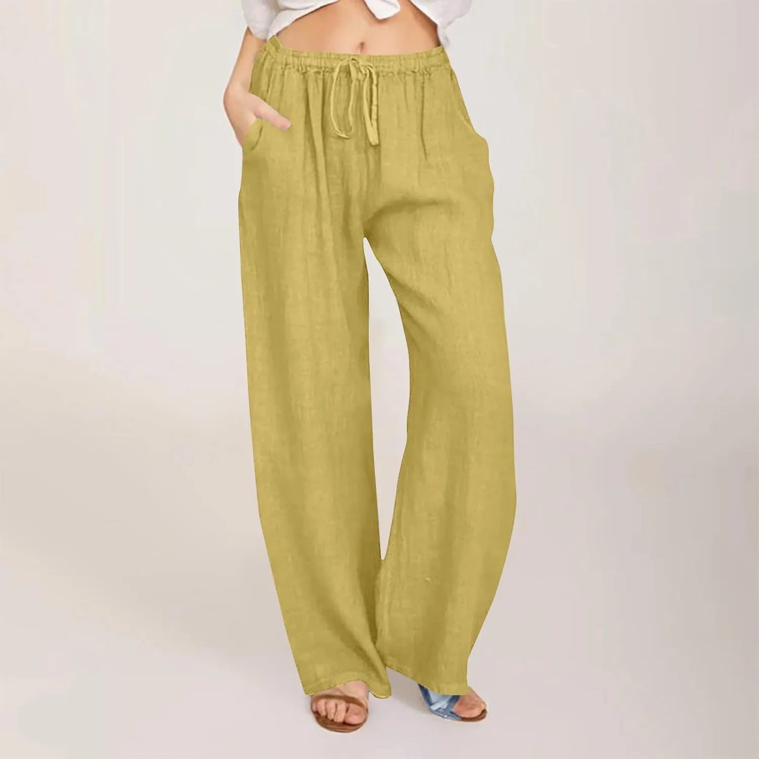 Women's Linen Palazzo Pants 2025 Summer Casual Drawstring High Waist Wide Leg Pants Flowy Beach Trousers Outfits