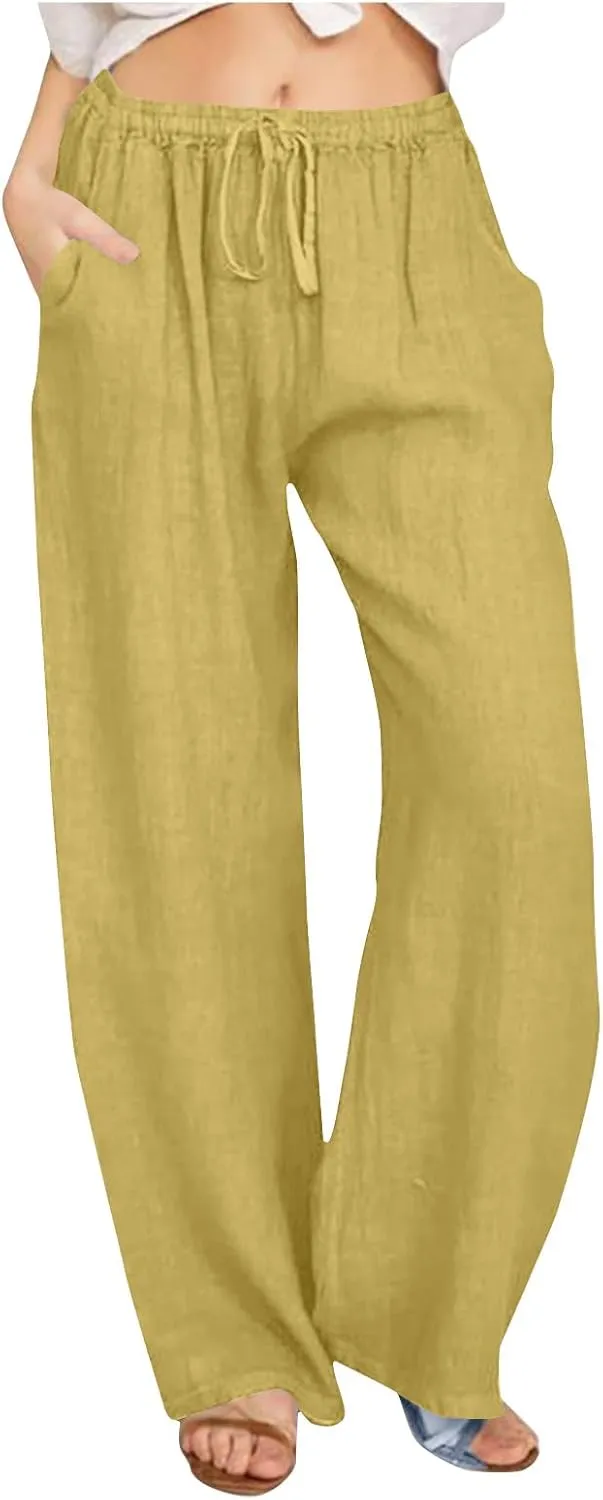 Women's Linen Palazzo Pants 2025 Summer Casual Drawstring High Waist Wide Leg Pants Flowy Beach Trousers Outfits
