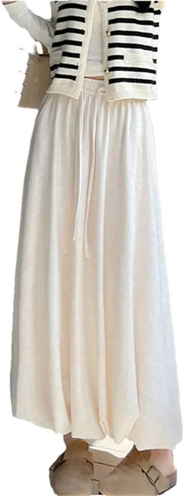 Women's Long Skirt Elastic Waist A-Line Solid Color Knitted Pleated Skirts