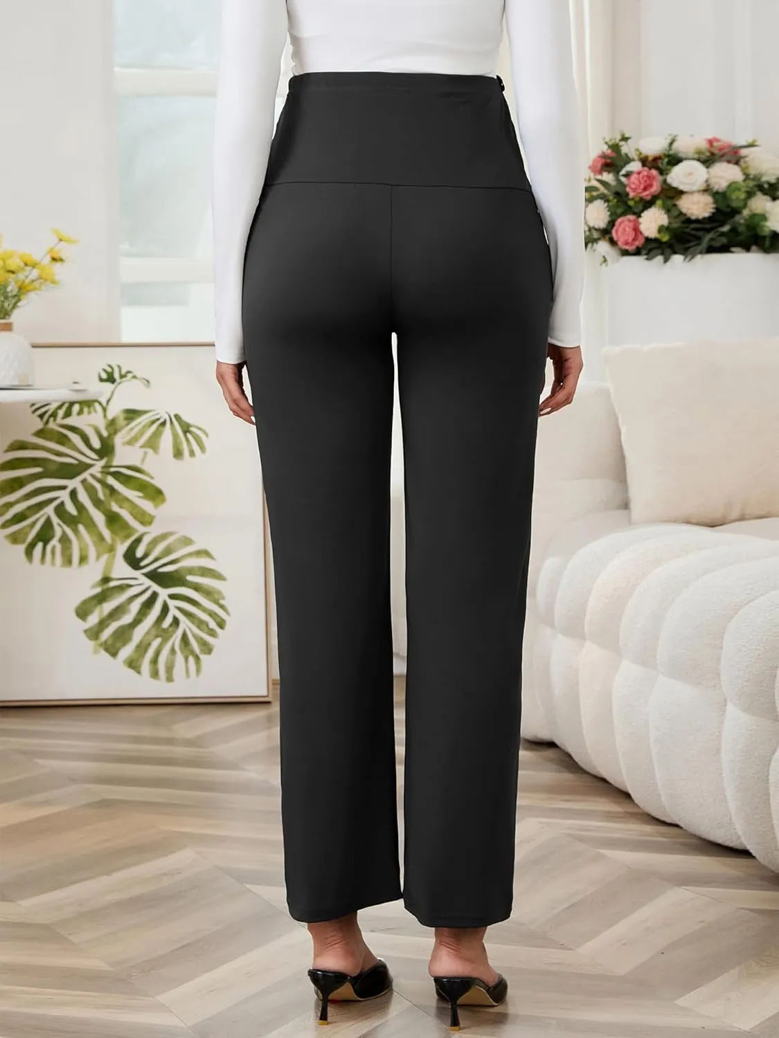 Womens Maternity Work Pants Over The Belly Straight Leg High Waisted Pregnancy Bottom Office Trousers