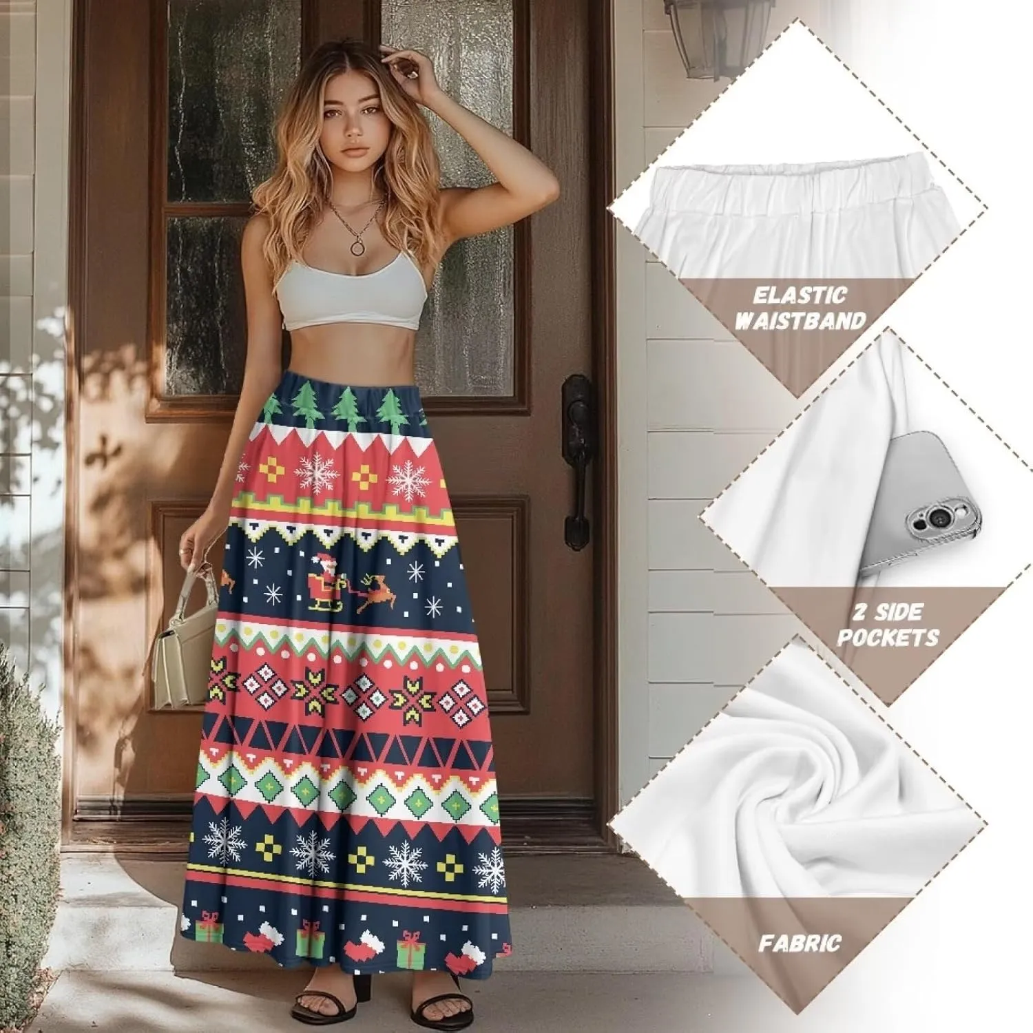 Women's Midi Skirt with Pockets Elastic Waist Flowy Ruffle Casual Summer Boho A-line Skirts Size S-2XL