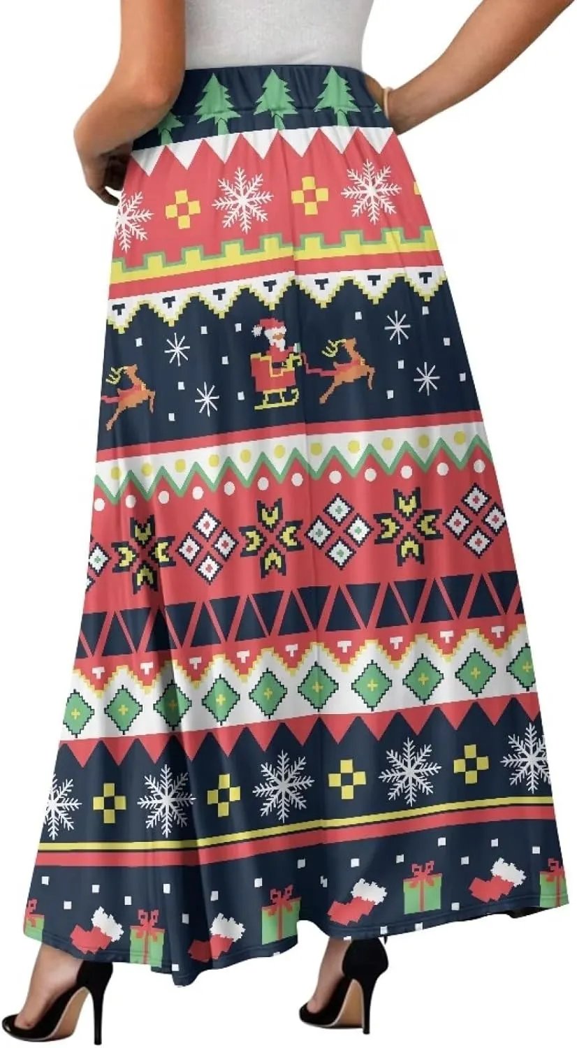 Women's Midi Skirt with Pockets Elastic Waist Flowy Ruffle Casual Summer Boho A-line Skirts Size S-2XL